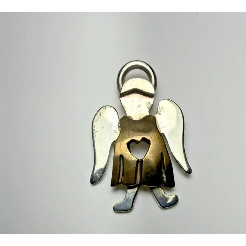 Mex925 Sterling Silver and Brass Angel Heart Pin Brooch Pendant 1 inch